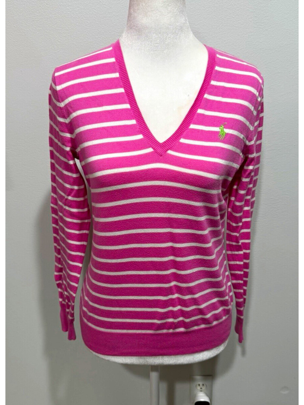 Ralph Lauren BlueLabel Pink White Striped V-Neck Ribbed Knit Polo Pony S